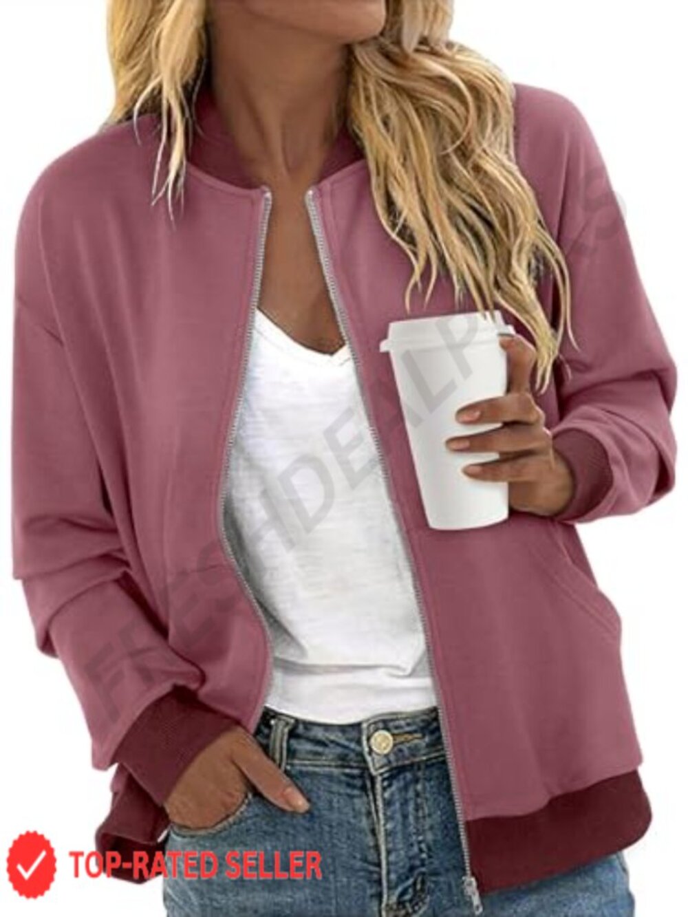 Women's Zip Up Bomber Jacket Long Sleeve Sweatshirt Fall Coat with Pockets